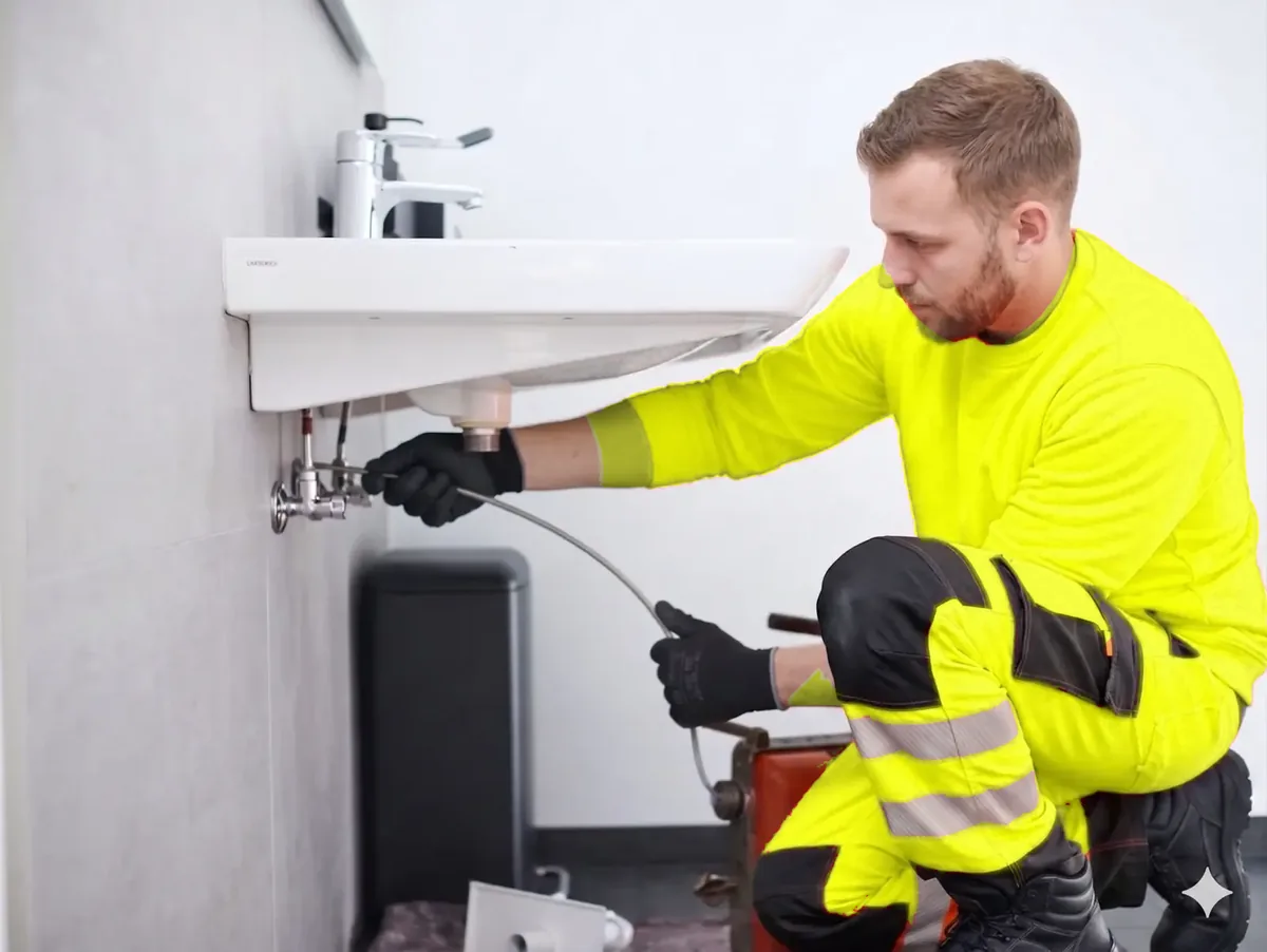 Abflussreinigung: Monteur macht den Abfluss am Waschbecken mit der Spirale frei